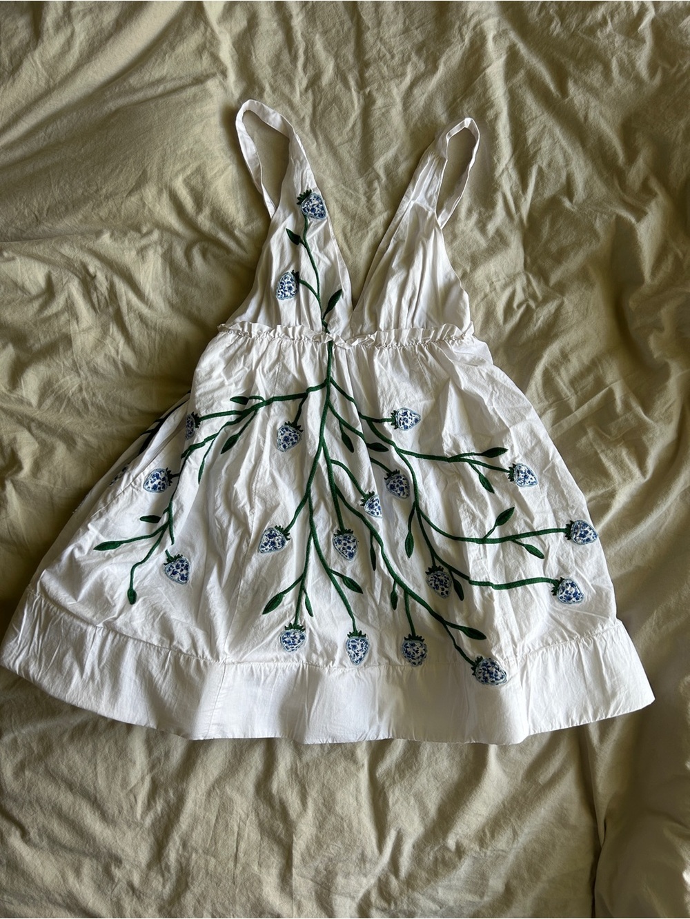Maeve White Mini Dress with Blue and Green Embroidery